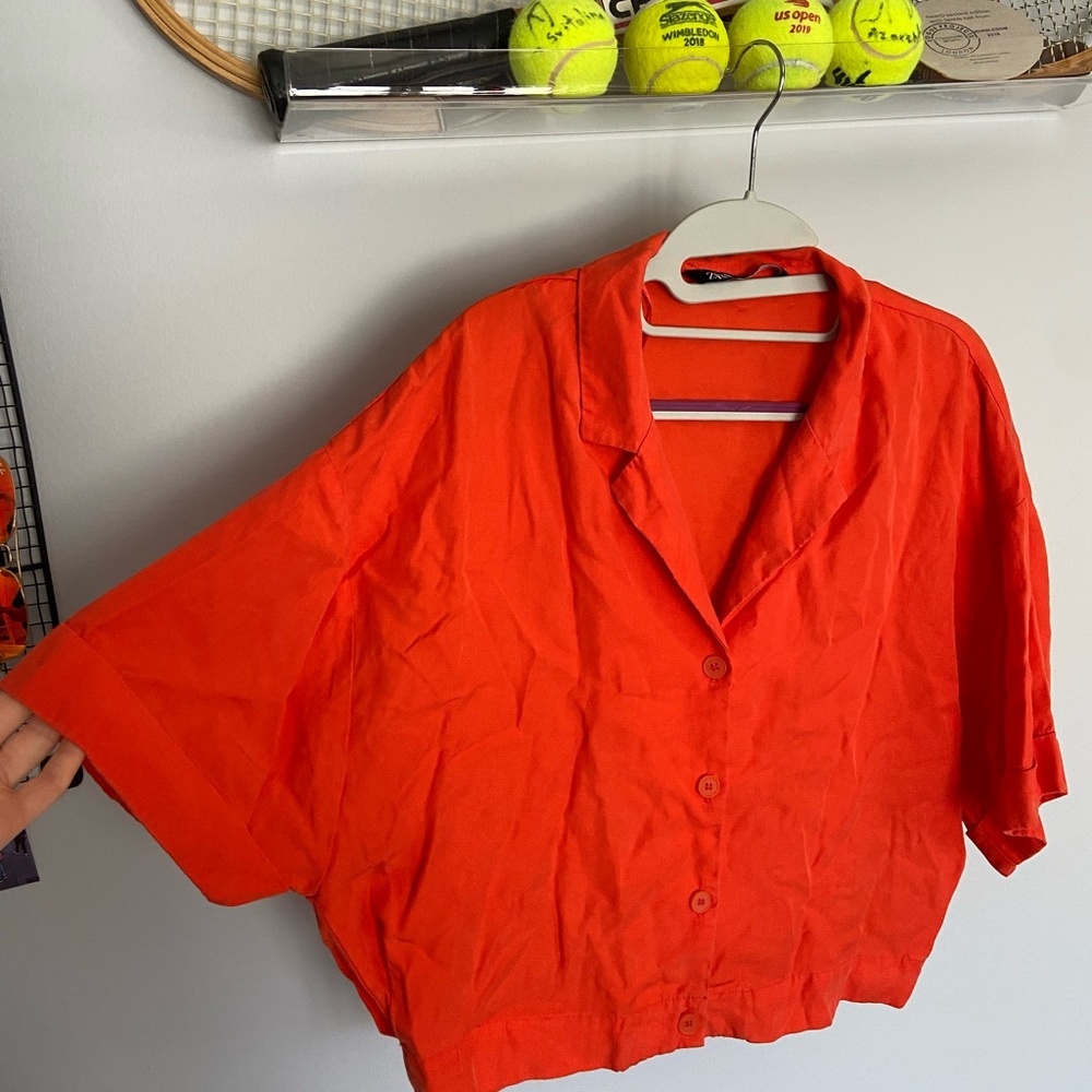 Zara orange cropped oversized button down shirt